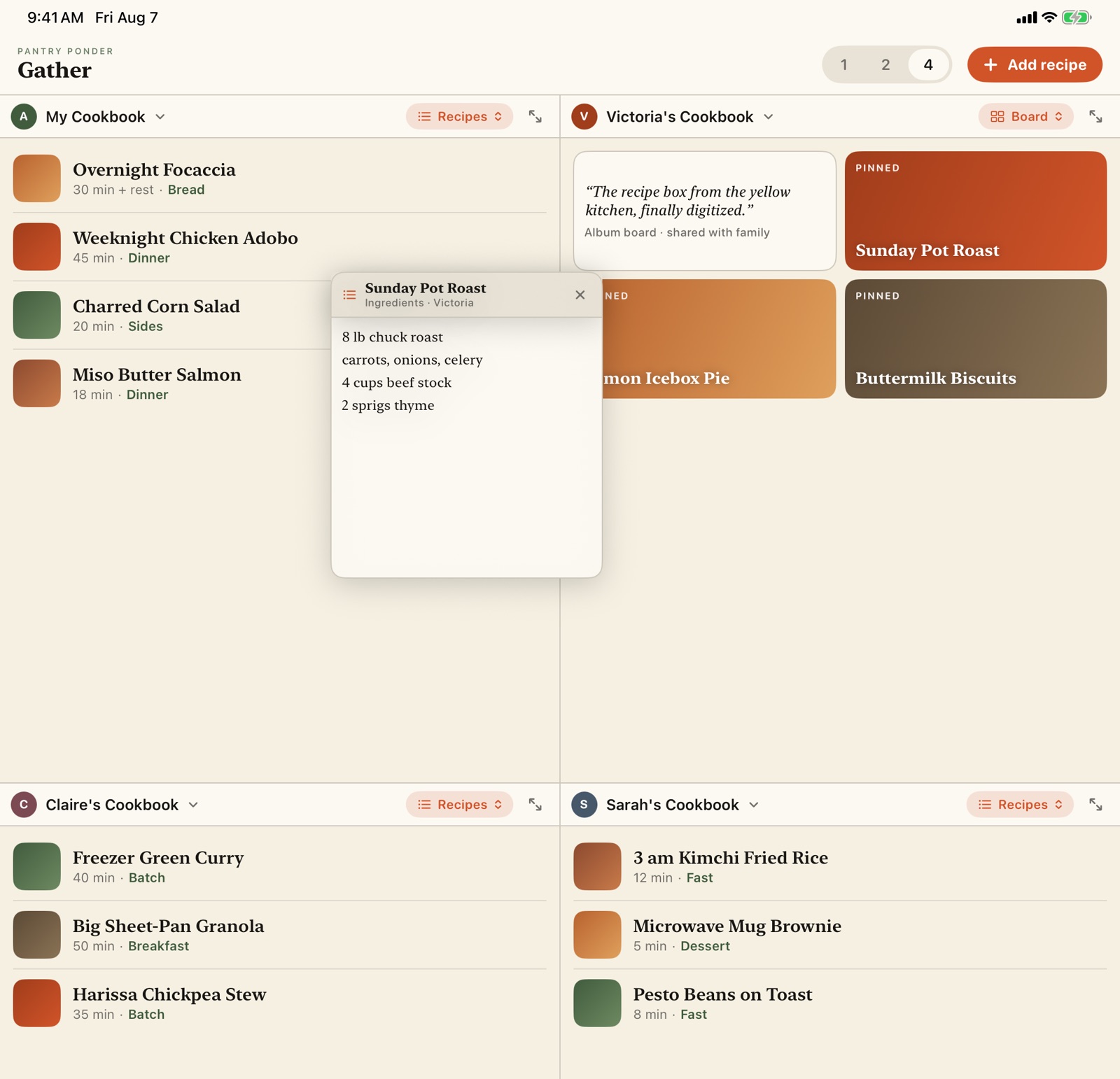 Gather on iPad, split four ways: your own recipes, Victoria's album board, and Claire's and Sarah's recipe lists, with Victoria's pot roast ingredients peeled off into a floating panel.